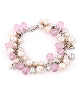 Pave Charm Bracelet Silver Tone With Faux Pearls & Crystal Beads