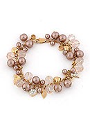 Pave Charm Bracelet Gold Tone With Faux Pearls & Crystal Beads