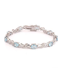 Pave Aqua CZ Oval & Bow Bar Bracelet Silver Tone